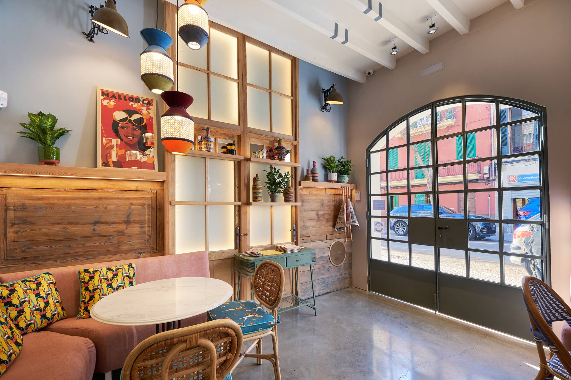 Interior of the Mestís restaurant in Santa Catalina, Palma de Mallorca, with natural light and Mediterranean design